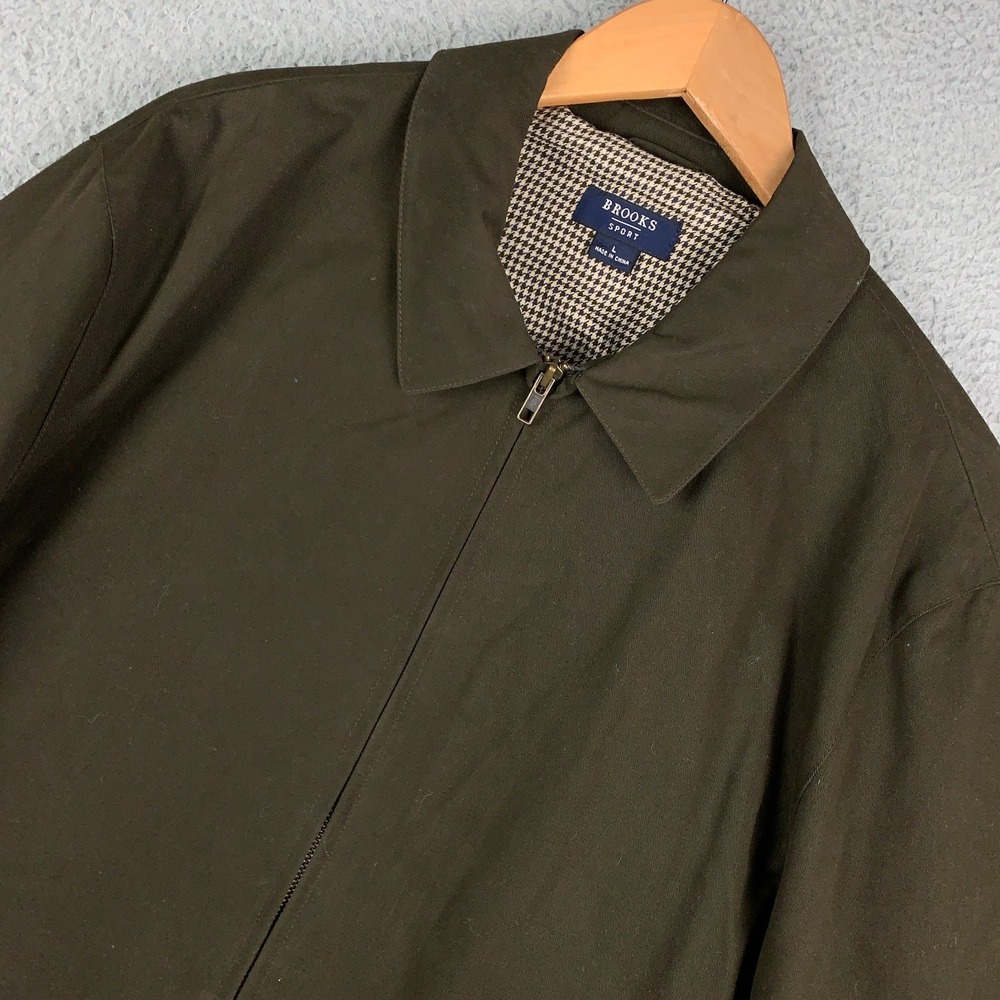 Brooks Sport Golf Jacket Mens Large Olive/Brown Zip Up Houndstooth Lined Cotton